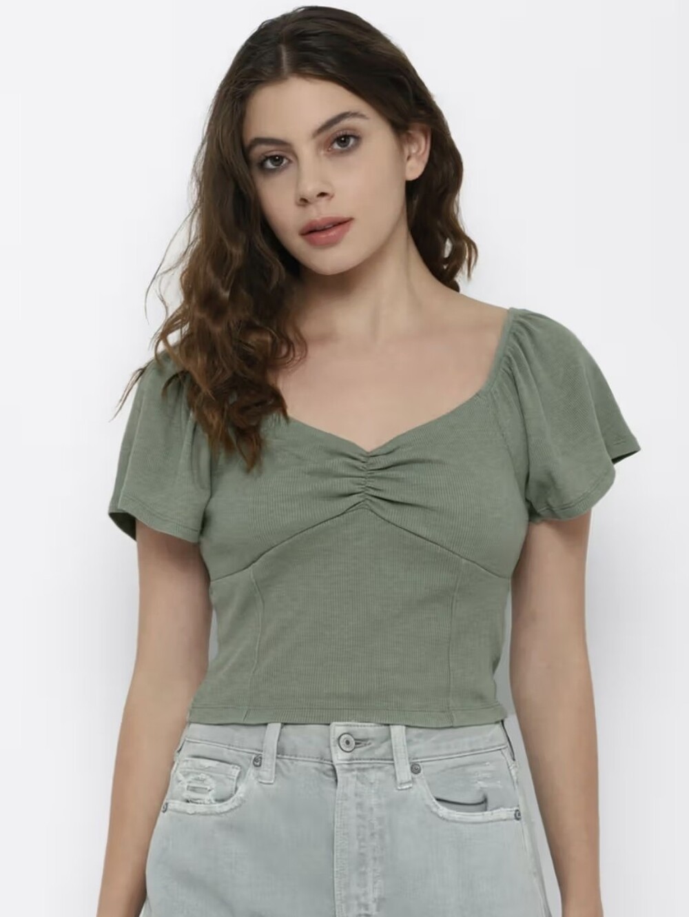 American Eagle Women's Ruched Sweetheart Neck Green Women's Top Size Small